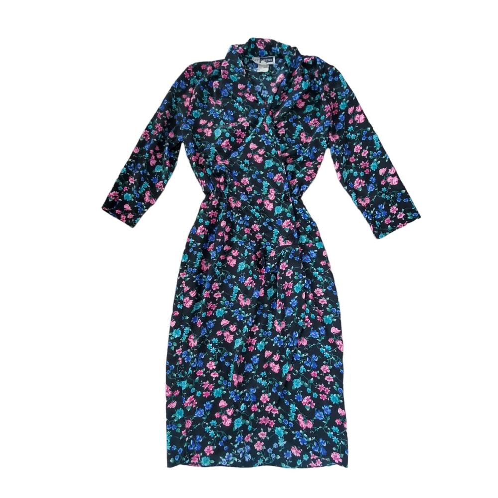 JT Dress Vintage 90's USA Made Women's Size  10 Black Floral Multi Wrap Dress